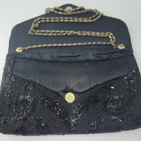 Vintage Delill Black Glass Bead Evening Bag Dress Purse Hand Beaded Snail Chain - Picture 3 of 11